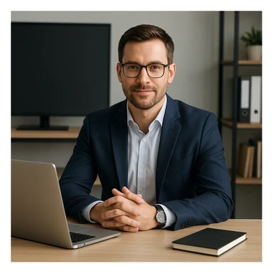 A 35-year-old male business coach sitting at a desk with a laptop, professional and modern style sticker