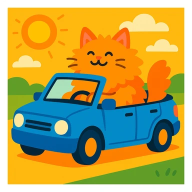 a fluffy cat sitting in a blue convertible, top down, sunny day sticker