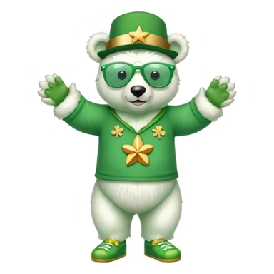 full body friendly anthropomorphised polar bear wearing oversized colorful star glasses, green hat, shamrock accessories, festive green shirt, green shoes, St. Patrick's Day sticker