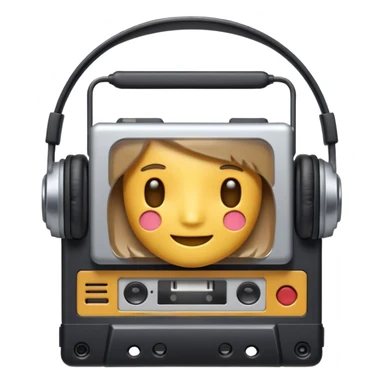 Classic Walkman emoji, Apple/WhatsApp style, front view, cassette window visible, wired headphones, soft gradients, cute proportions, no text, plain background. sticker
