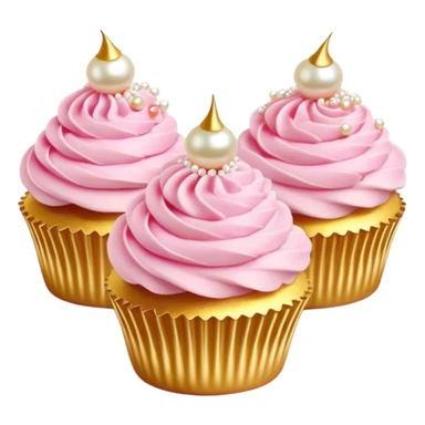 Cinematic Realistic Pink Cupcakes, fluffy pastel pink frosting swirled elegantly on top of golden cupcakes, tiny edible pearls adding a delicate touch, soft warm lighting creating a dreamy atmosphere, glowing with sweetness and charm. sticker