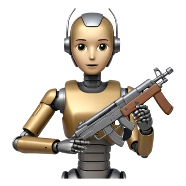 An AI humanoid robot looking smart and holding an AK-47 sticker