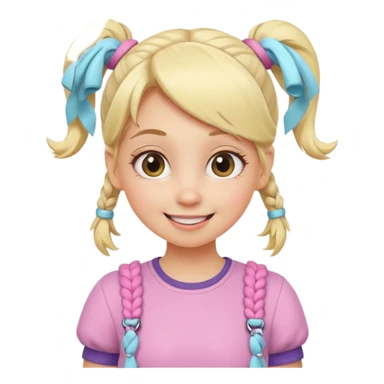A playful blonde female cartoon character with wide, mischievous eyes, smiling, pigtail, dynamic pose suggesting movement, pastel colors, minimalistic and cute emoji style. sticker