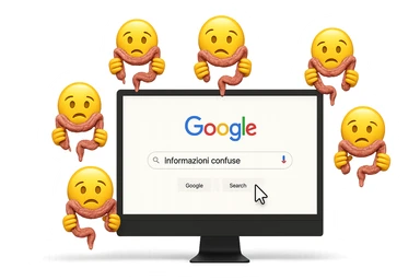 SCHERMO DI PC CON LA SCRITTA "informazioni confuse" SULLA BARRA DI RICERCA GOOGLE SULLO SCHERMO E IL CLICK DEL MOUSE SULLA SCRITTA CERCA, stile emoji iphone fluttuano in aria stringendo in mano un pezzo di colon intestinale, iperrealistico 4k sticker