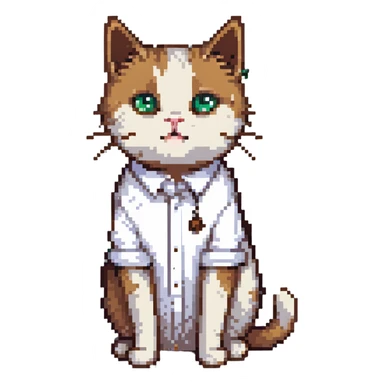 pixel art of a cat looking embarrassed, white shirt, visible brown poo mark sticker