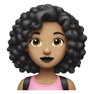 white skin girl has black curly hair with black lipstick and pink top sticker