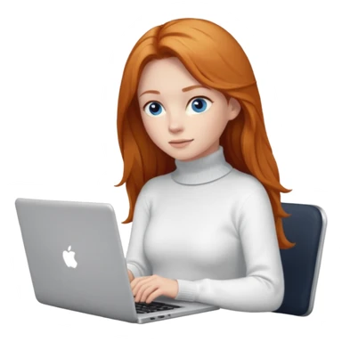 ginger girl with long hair and blue eyes in turtle neck white sweater working on a laptop sticker