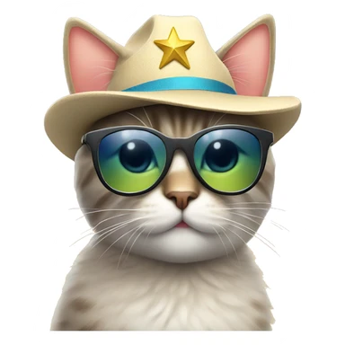 cat wearing sunglasses and a star hat sticker