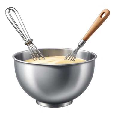 Cinematic Realistic Whisk & Mixing Bowl, a well-used metal whisk resting in a smooth ceramic mixing bowl, light reflecting off the whisk’s polished surface, subtle smears of batter along the rim, glowing with a sense of warmth and creativity. sticker