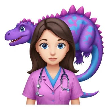 pretty brunette nurse with long hair and blue eyes in pink and purple dinosaur pattern scrubs sticker