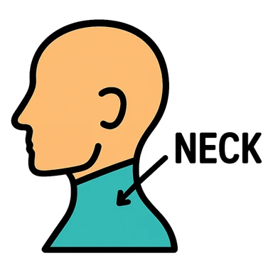flat color illustration of a head and neck with a labeled arrow indicating the neck, clean and simple icon style sticker