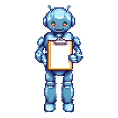 cute metallic recruiter robot holding a clipboard, 8-bit pixel art style sticker