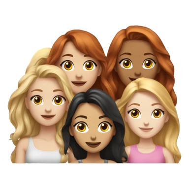 Hyper realistic Group of 5 beautiful girls. Girl 1- brown hair. Girl 2- black hair. Girl 3- redhead. Girl 4- golden hair. Girl 5- light blonde.  sticker
