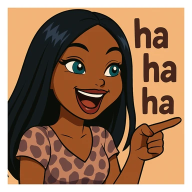 Keep her pointing and laughing with 'ha ha ha' in the background, headshot only, 20-year-old anime Bratz style woman with dark skin, straight hair, more trendy outfit, big expressive eyes, glossy lips, no hat, no tears, happy expression, looking straight ahead. The style should reflect anime Bratz aesthetics with vibrant colors and expressive features. sticker