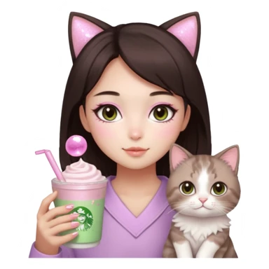 asian girl with short dark brown hair and dark brown eyes with a soft girl pink glowup aesthetic, matcha latte, 2 light brownragdoll cats, and sparkles, makeup, and money sticker