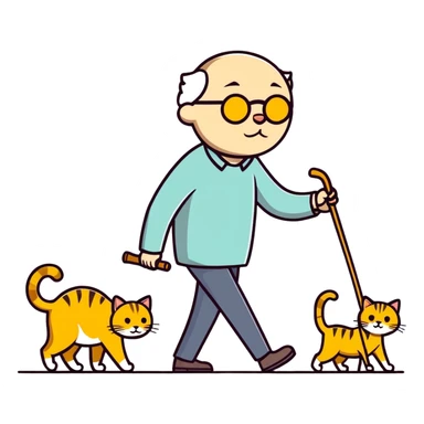 Golden cat with old blind man and his walking stick sticker