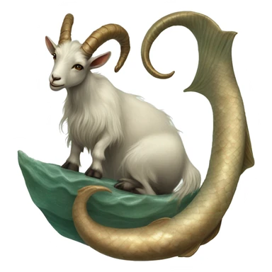 Goat with big horns attached to a long wrapped up mermaid fish tail, Capricorn, creature mythology, watery & earthy tones, mystical, realistic  sticker