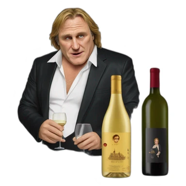 Gérard Depardieu with a wine bottle sticker