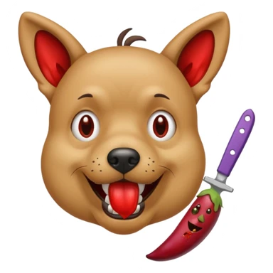 dog with crazed eyes holding bloody knife and eggplant in mouth sticker