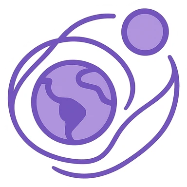 abstract logo for open source software, two circles in the same shade of purple, one representing earth and one representing the moon, moon diagonally positioned to the top right of earth, flowing lines or shapes connecting or surrounding the circles, modern, minimal, conveys flow sticker