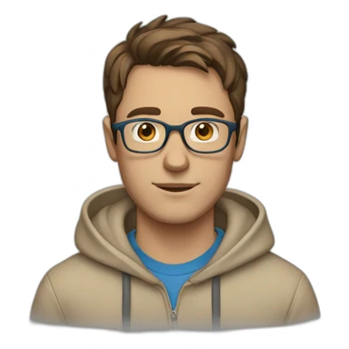 Man with blue eyes, brown hair and glasses wearing a beige hoodie sticker