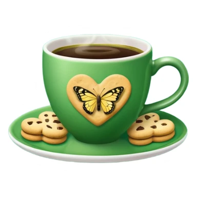 A green coffee cup, steaming in a heart shape, has a yellow butterfly print on it. The cup sits on a green saucer surrounded by cookies. sticker