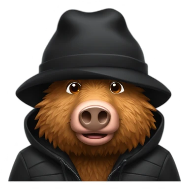 fullface wild very tired brown boar with stubble in a black jacket and a black winter hat sticker