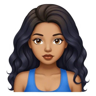 light brown skin tone, very beautiful woman, with big plump lips, long long lashes, black long wavy hair, middle hair parting, brown eyes, blue tank top sticker