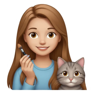 A image of a girl with light long brown hair doing her makeup with her grey tabby cat. She is smiling sticker