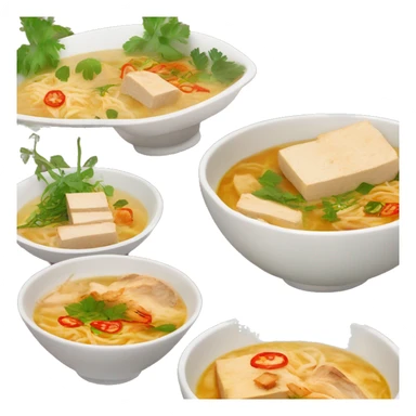 A bowl of laksa soup with tofu , chicken   sticker