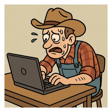 A farmer at a desk, struggling with a laptop, sweat on brow, in a cartoon style sticker