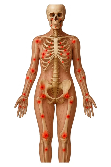 corpo umano anatomico di una donna affetta da fibromialgia, red spot sparsi sulle sue ossa, iperrealistica 4k sticker