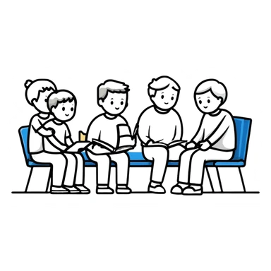group of five white people sitting in training session sticker