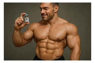 BODYBUILDER A FIGURA INTERA CHE TIENE IN MANO UNA FIALA MEDICA CON la scritta "BPC 157" SULL'ETICHETTA E LA GUARDA SODDISFATTO, iperrealistico 4k sticker