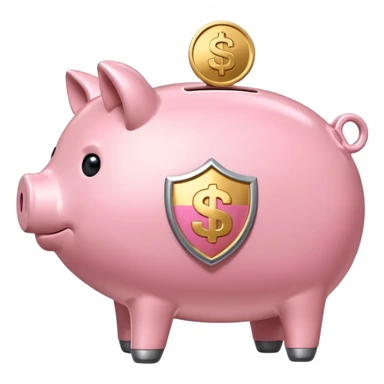 A clean and simple emoji-style icon: A stylized piggy bank with a coin dropping into it from above. Next to or slightly behind the piggy bank, a small shield symbolizing security and protection. Minimal details, rounded shapes, bright flat colors, consistent with standard emoji design. sticker