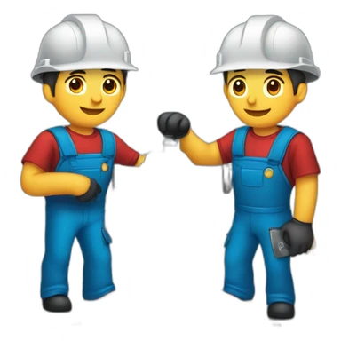 a team of two assembly men, disassembling industrial machinery with red uniforms sticker