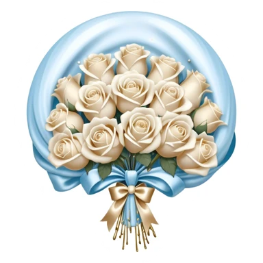 A backdrop of pearlescent ivory silk, draped like flowing water, provides the perfect setting for an exquisite bouquet of snow-white and pale blue roses, bound with a luxurious satin bow in soft beige. The ribbon’s ends curl gracefully, intertwining with delicate strands of pearls resting beside the bouquet. Above, a selection of metallic pearl balloons in warm champagne, opal white, and soft gold drifts effortlessly, their reflections creating a luminous, serene glow that enhances the timeless elegance of the scene. sticker