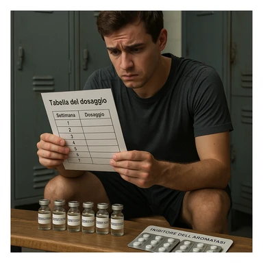 inexperienced athlete sitting on bench surrounded by vials labeled 'Testosterone' and blister packs labeled 'Inibitore dell'aromatasi', consulting dosage table in Italian, worried expression, locker room background, 4K quality sticker
