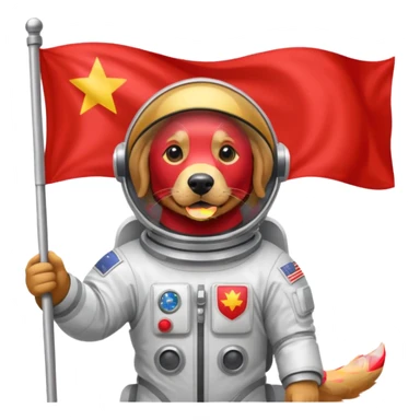 golden retriever standing in space suit holding red rectangle flag sticker