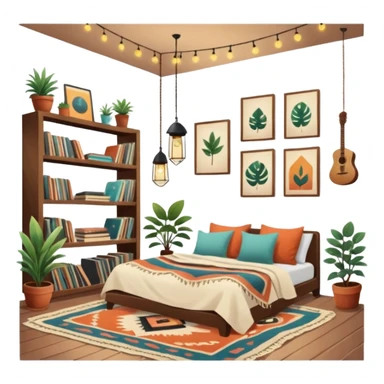 cozy indie room with record collection, hanging plants, boho rugs, vintage posters, string lights, cozy throw blankets sticker