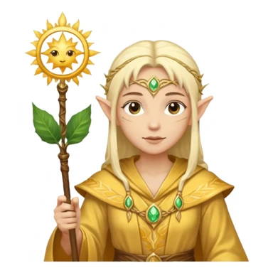 {
      "type": "human",
      "look": "light elf healer, golden robe, staff with leaf and sun motif",
      "description": "a light elf healer wearing a golden robe and holding a staff with leaf and sun symbols"
    } sticker