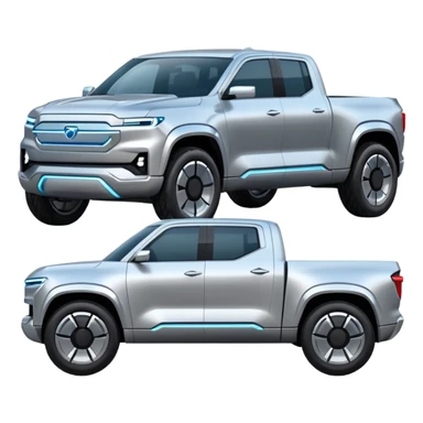 A futuristic electric pickup truck emoji, silver chrome body, angular cyber design, smooth metallic panels, subtle reflections, minimalistic proportions, iOS emoji style, centered composition, clean white background, soft lighting sticker