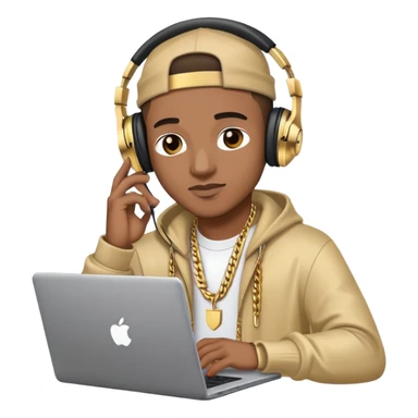 rapper developer with gold chain, headphones and laptop sticker