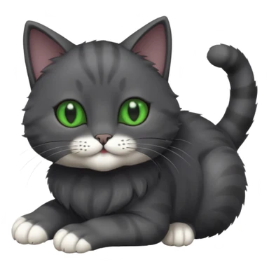 solid dark grey cat with green eyes, completely solid grey face, white toes/paws playing rolling upside down sticker