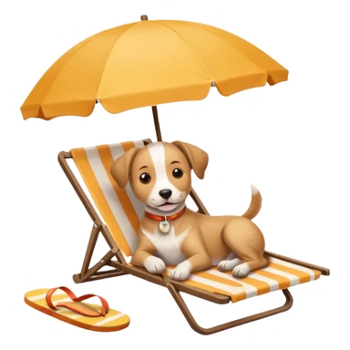 a dog laied on a beach chair, a sunny beach, a sun umbrella, and flip flops the icon should capture the essence of a relaxing beach vacation with a carefree atmosphere sticker