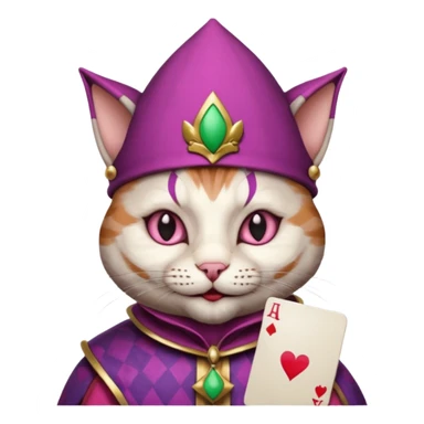 court jester cat medieval, single poker card joker clearly visible, pink, face only, round badge,  court jester cap sticker