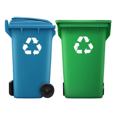 A blue trash can with a lid next to a green recycling bin with a lid sticker