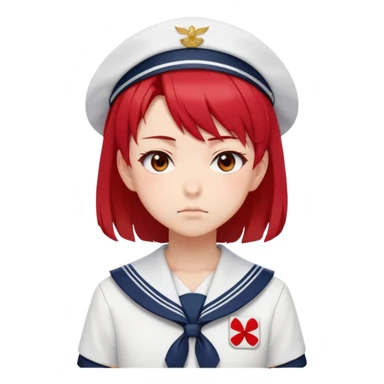 Serious anime girl with short bright red hair wearing Japanese sailor style school uniform, intense gaze and slight frown, disciplined posture sticker