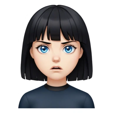 Girl angry wearing black with black medium length hair with bangs and blue eyes sticker