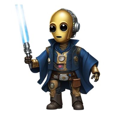 darkblue-pearl friendly smiling bounty hunter c3po droid wearing leather wild west duster, backpack, saddlebags holding light saber ready to fight but relaxed. steampunk sticker